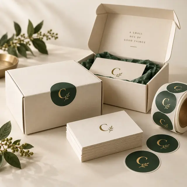 Cream packaging with green stickers and cards