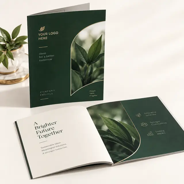Custom green and gold brochures