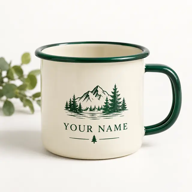 Customizable forest green enamel mug