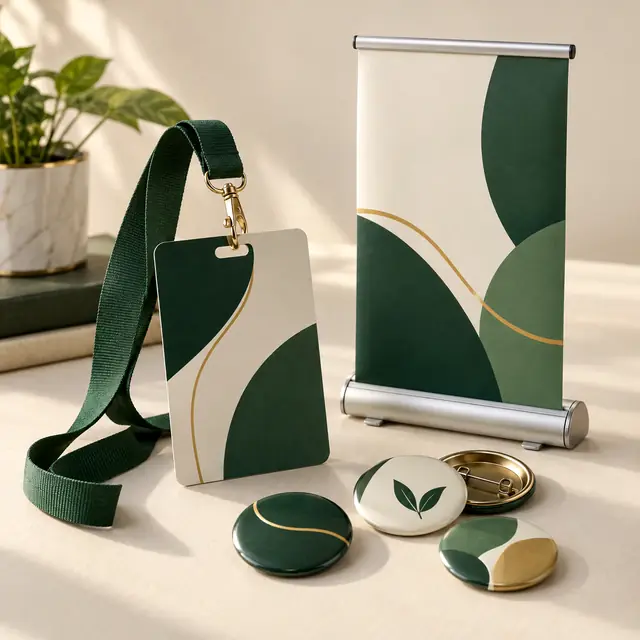 Green lanyard badges and tabletop banner